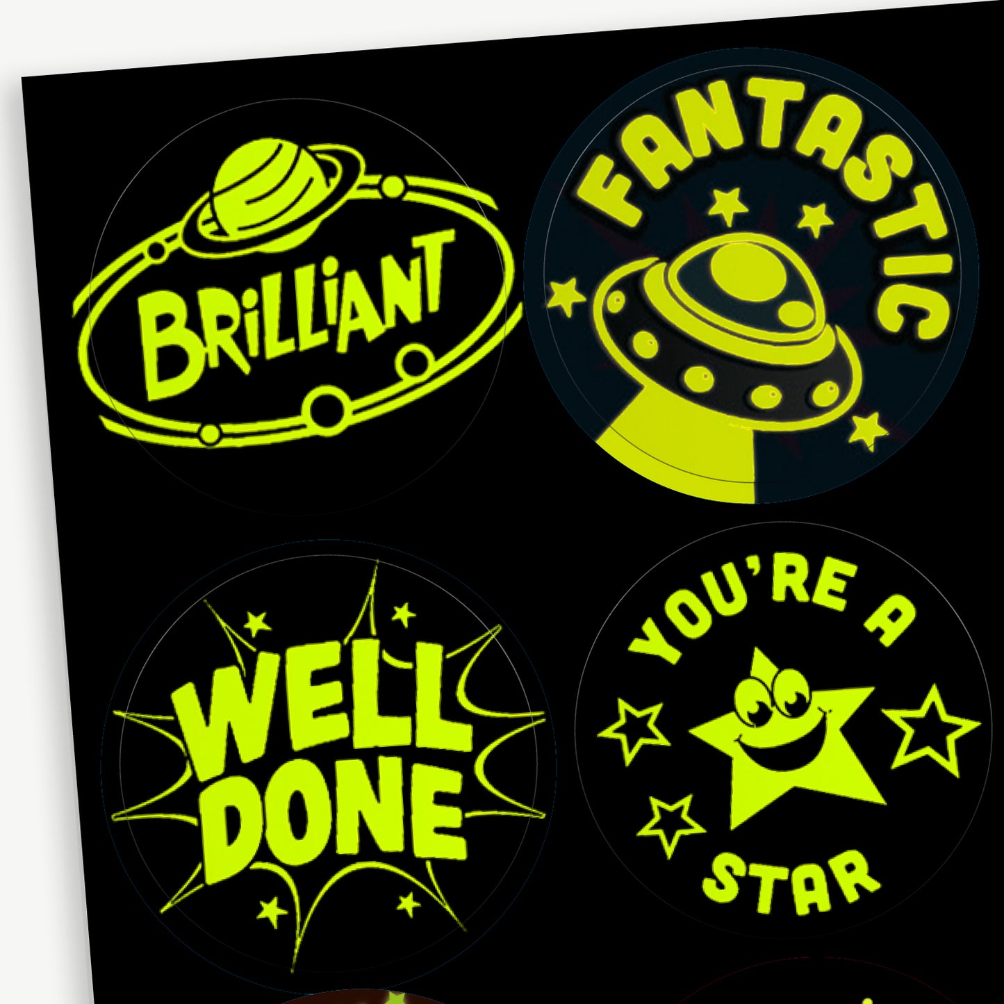 35 Glow In The Dark Space and Aliens Stickers - 37mm