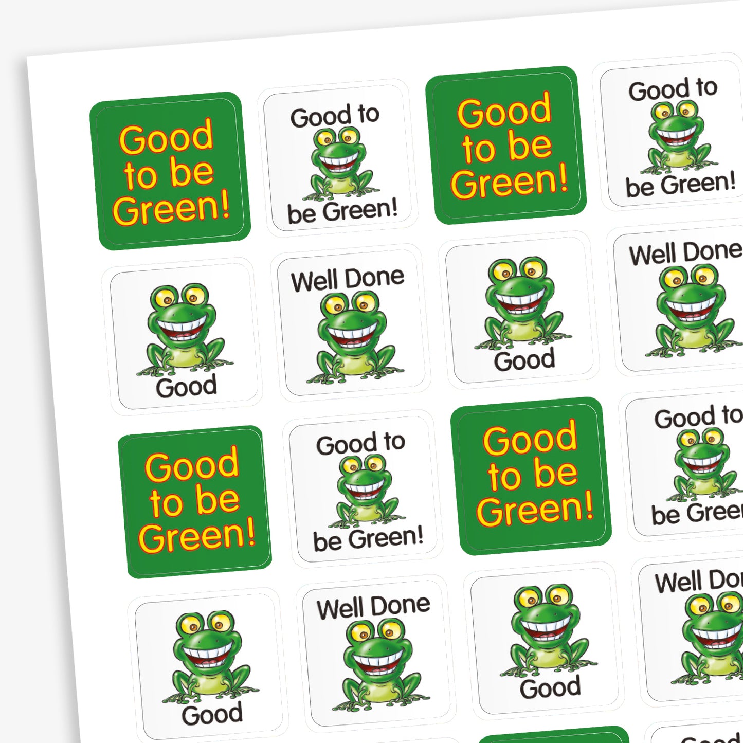 A green bordered collector chart with saces for names and squares to collect the relevant square stickers.  Also 2 sheets of square stickers shown alternating a green background with the text 'Good to be Green!' in yellow lettering, and a white background with a cheerful green frog illustration with wide eyes and a big smile, sitting on a lily pad and phrases such as 'Well Done' and 'Good' above or below the frog.