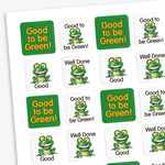 A green bordered collector chart with saces for names and squares to collect the relevant square stickers.  Also 2 sheets of square stickers shown alternating a green background with the text 'Good to be Green!' in yellow lettering, and a white background with a cheerful green frog illustration with wide eyes and a big smile, sitting on a lily pad and phrases such as 'Well Done' and 'Good' above or below the frog.