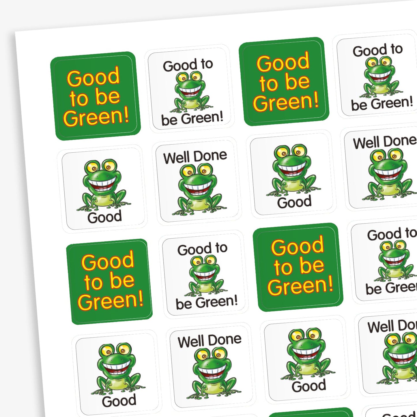 Square stickers alternating a green background with the text 'Good to be Green!' in yellow lettering, and a white background with a cheerful green frog illustration with wide eyes and a big smile, sitting on a lily pad and phrases such as 'Well Done' and 'Good' above or below the frog.