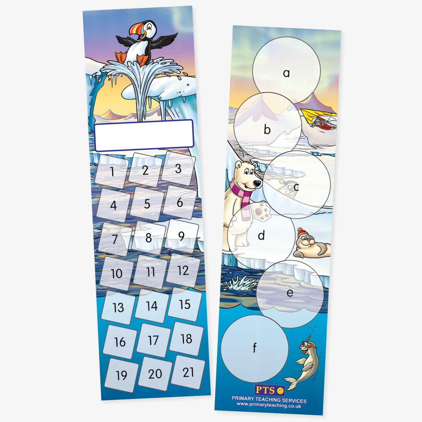 Double-sided arctic-themed reward bookmarks. The left bookmark features a puffin on an iceberg, a white name label space, and numbered boxes from 1 to 20 arranged in a grid. The right bookmark displays an arctic scene with a polar bear, seal, puffin, and plane, and has six large circles labelled a to f for sticker placement.
