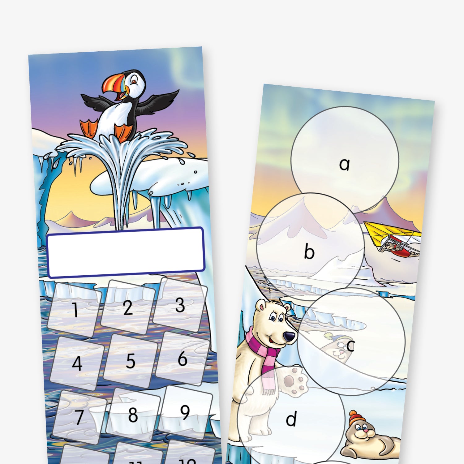 Close up of double-sided arctic-themed reward bookmarks. The left bookmark features a puffin on an iceberg, a white name label space, and numbered boxes from 1 to 20 arranged in a grid. The right bookmark displays an arctic scene with a polar bear, seal, puffin, and plane, and has six large circles labelled a to f for sticker placement.
