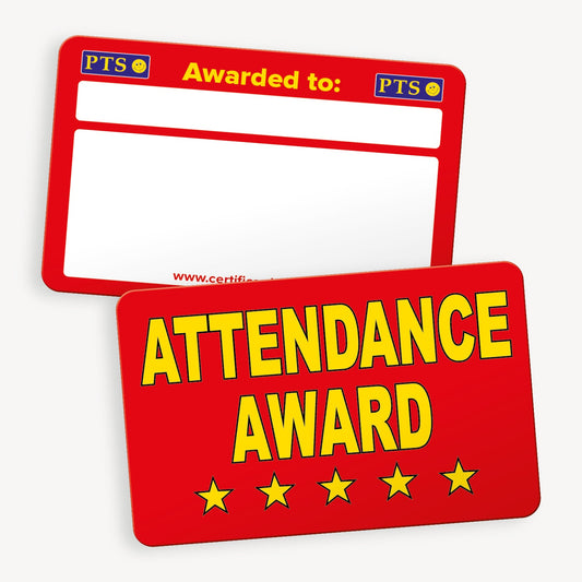 CertifiCARD measuring 86mm by 54mm, featuring a bright red front with 'ATTENDANCE AWARD' central to the design and 5 stars below the wording in yellow; reverse side includes two white boxes for handwritten recipient details.
