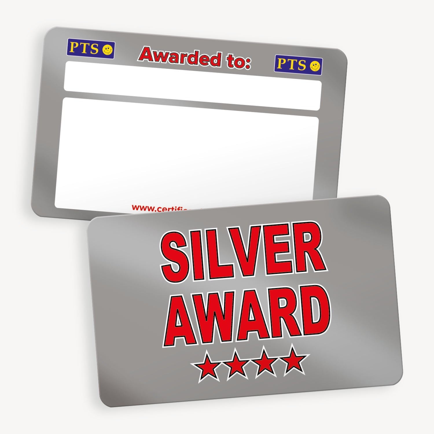 CertifiCARD measuring 86mm by 54mm, featuring a silver front with 'SILVER AWARD' central to the design across 2 lines in bold red letters with white outline, there are 4 red stars below the words; reverse side includes two white boxes for handwritten recipient details.