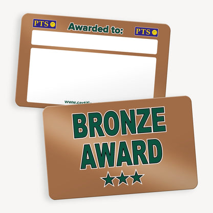 CertifiCARD measuring 86mm by 54mm, featuring a bronze front with 'BRONZE AWARD' central to the design across 2 lines in bold green letters with white outline, there are 3 green stars below the words; reverse side includes two white boxes for handwritten recipient details.