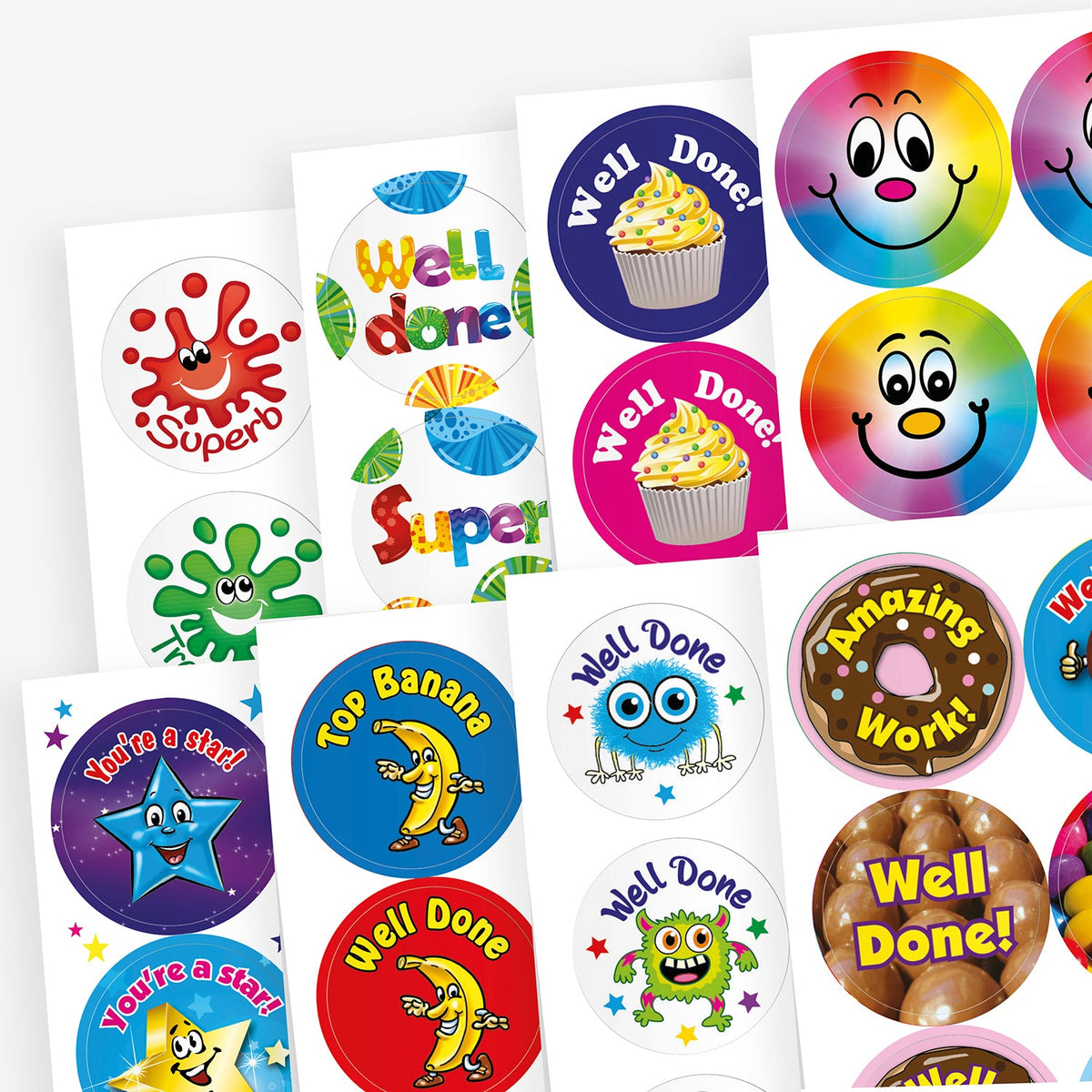 Assorted 32mm circular scented reward stickers, each featuring vibrant designs and motivational phrases such as 'Well Done', 'Great Effort', and 'You're a Star'. The stickers depict colourful illustrations including smiling stars, cheerful monsters, and sweet treats, each infused with scents like chocolate, vanilla, berry, banana, bubblegum, and jellybean.