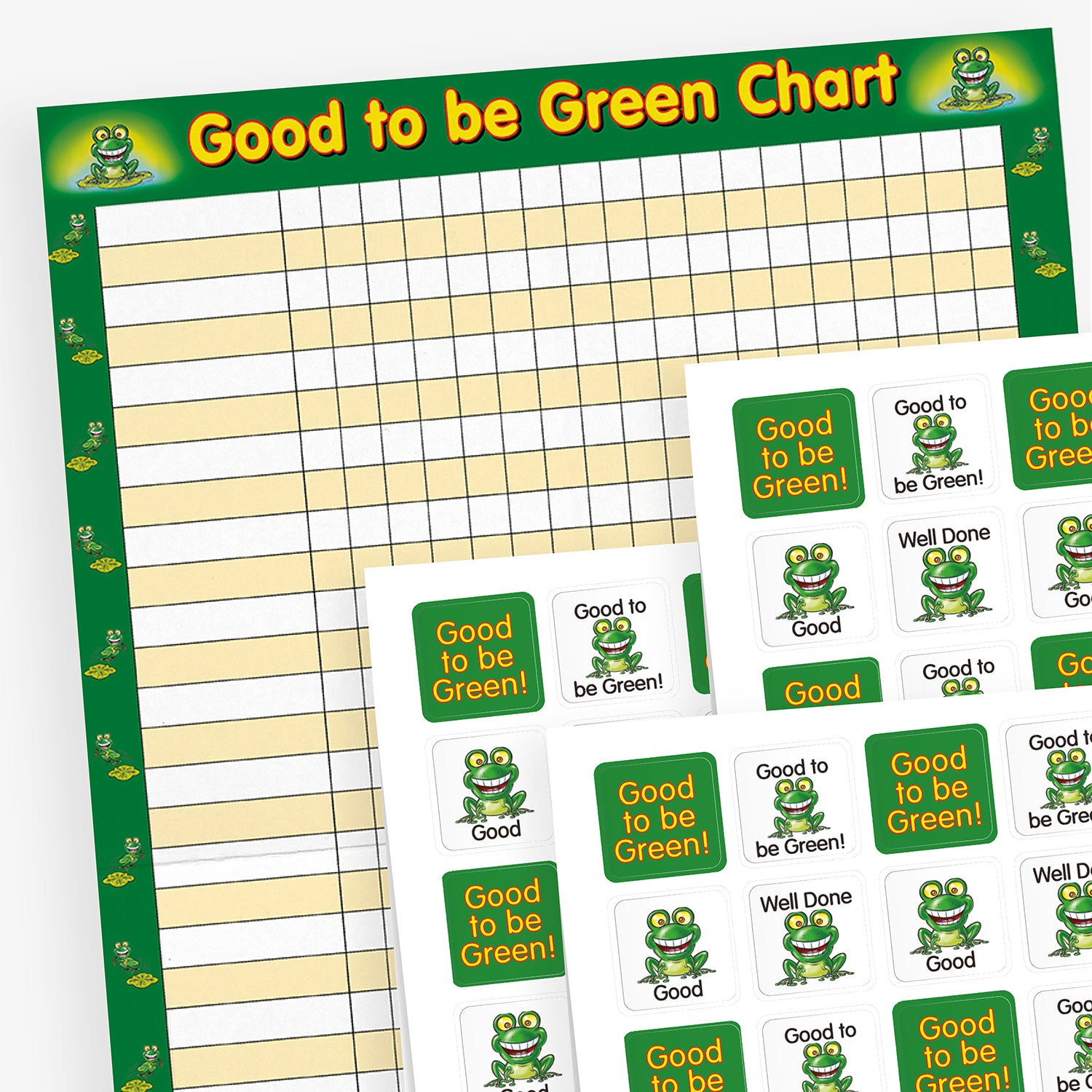 A green bordered collector chart with saces for names and squares to collect the relevant square stickers.  Also 2 sheets of square stickers shown alternating a green background with the text 'Good to be Green!' in yellow lettering, and a white background with a cheerful green frog illustration with wide eyes and a big smile, sitting on a lily pad and phrases such as 'Well Done' and 'Good' above or below the frog.