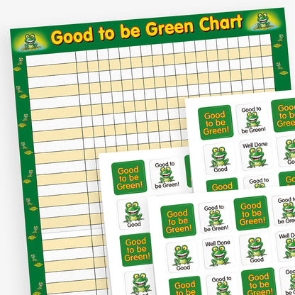 A green bordered collector chart with saces for names and squares to collect the relevant square stickers.  Also 2 sheets of square stickers shown alternating a green background with the text 'Good to be Green!' in yellow lettering, and a white background with a cheerful green frog illustration with wide eyes and a big smile, sitting on a lily pad and phrases such as 'Well Done' and 'Good' above or below the frog.