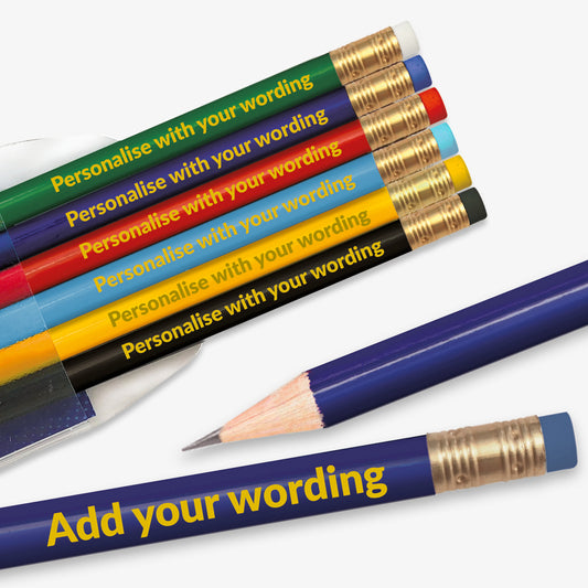 Personalised set of 6 HB pencils, each barrel a different colour.  With space to customise text on the barrel, complete with eraser.  Designed for classroom rewards or promotional use.