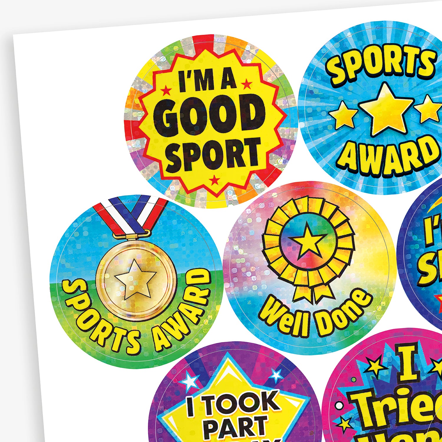 36 Holographic Sports Day Stickers | 35mm | Assorted Designs