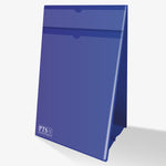 A4 landscape worksheet holder, coated in blue plastic. Stands as an A-Frame with space for a banner heading at the top and insert space for worksheet below