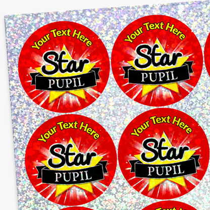 Red stickers with 'Star Pupil' text on a glittery background