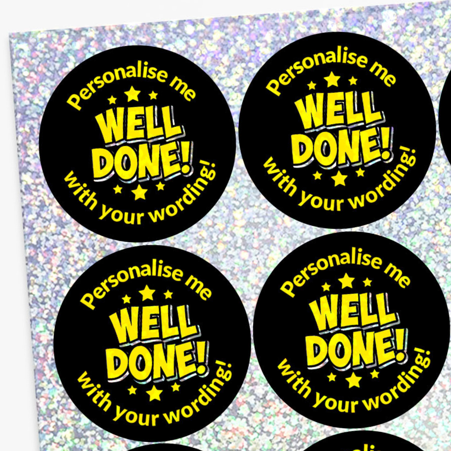 Four round stickers with 'Well Done!' text on a glittery background