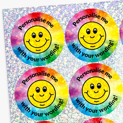 Set of colorful smiley face stickers with text 'Personalise me with your wording!' on a glittery background.