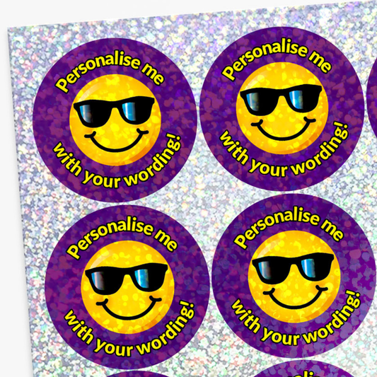 Four round stickers with smiley faces and sunglasses, encouraging personalization on a glittery background.