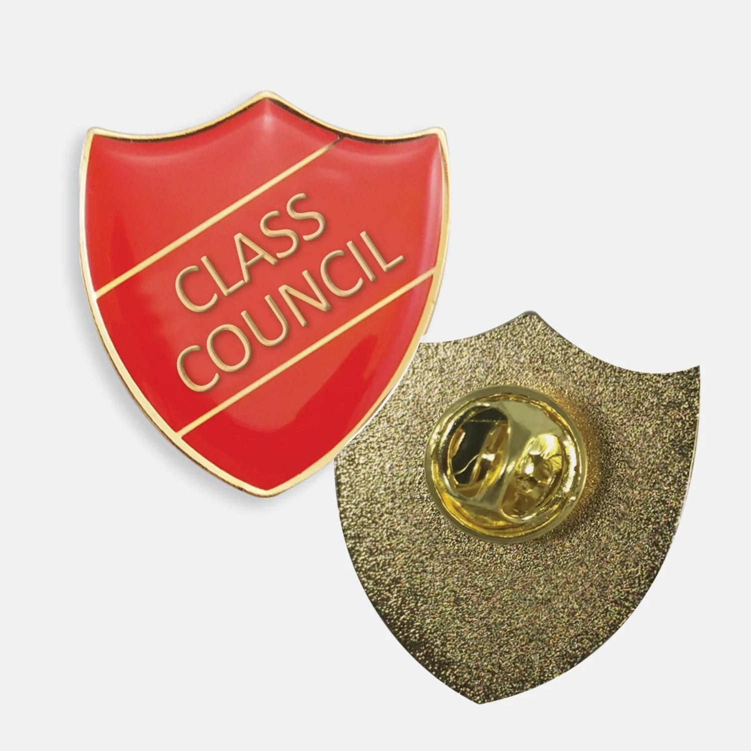 Red enamel badge in the shape of a shield with gold trim and diagonal gold line either side of the wording 'CLASS COUNCIL' in capital letters. The reverse side shows a textured gold back with a butterfly fastening
