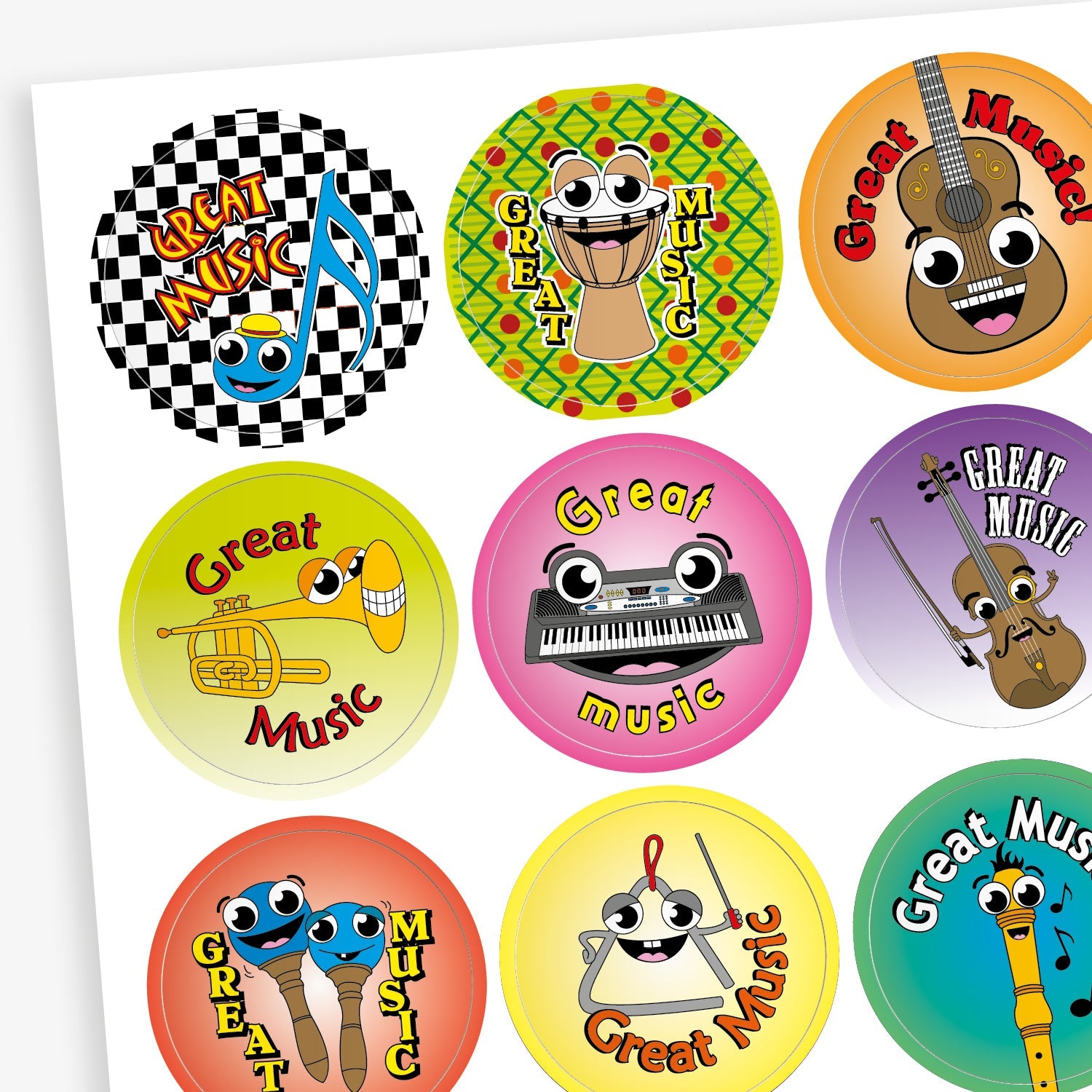 A sheet of colourful circular stickers with the phrase 'Great Music'. Each sticker features a cheerful cartoon musical instrument, including a musical note, drum, trumpet, keyboard, guitar, maracas, triangle, and recorder. The backgrounds vary in bright colours and patterns, designed to celebrate musical achievement in a fun and engaging way.