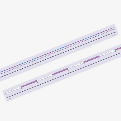 Large classroom number line displaying numbers from 0 to 100 in a single horizontal row, with evenly spaced black numerals on a lilac background; designed to assist young learners with counting and basic arithmetic
