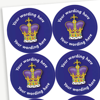 A sheet of deep blue stickers featuring a regal crown in the centre.  Placeholder text 'Your wording here' is above and below the image for customisation.
