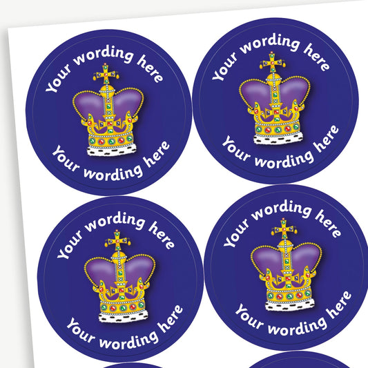 A sheet of deep blue stickers featuring a regal crown in the centre.  Placeholder text 'Your wording here' is above and below the image for customisation.