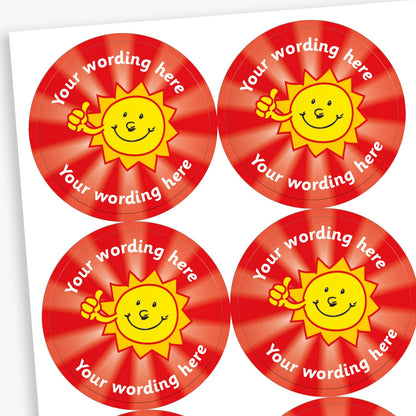 A sheet of red starburst effect stickers featuring smiling sun in the centre.  Placeholder text 'Your wording here' is above and below the image for customisation.