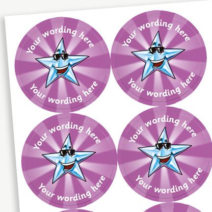 A sheet of purple starburst effect stickers featuring smiling silver star wearing sunglasses in the centre.  Placeholder text 'Your wording here' is above and below the image for customisation.