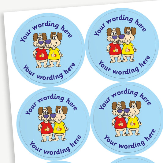 Sheet of round personalised stickers featuring two erect cartoon dogs on a pale blue background; includes customisable dark blue text above and below the image for customisation.