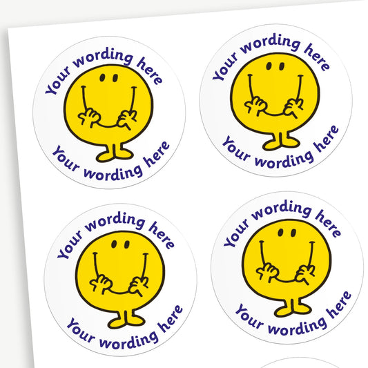 A sheet of 37mm round personalised stickers featuring Mr. Happy. Text above and below the character is customisable.