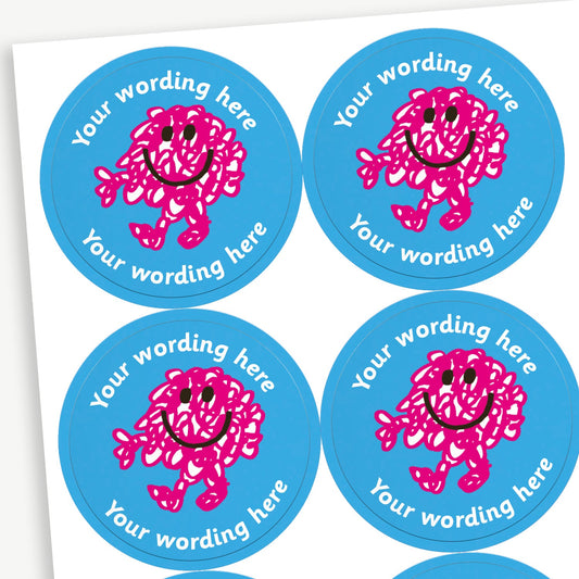 A sheet of white stickers featuring Mr Messy in the centre.  Placeholder text 'Your wording here' is above and below the image for customisation.