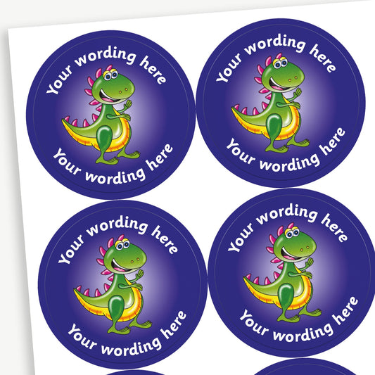 A sheet of purple circular stickers featuring a smiling cartoon T.Rex dinosaur; curving above and below the image is space for personalisation 'Your wording here' in a clear, bold font.