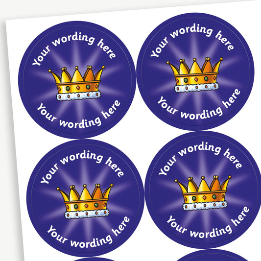 Sheet of round personalised stickers featuring a gold crown against a deep blue, starburst effect, background; includes customisable white text above and below the image for customisation.
