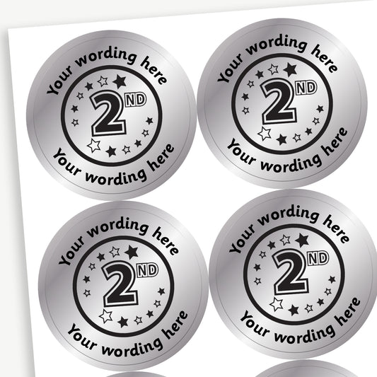 Sheet of 35 personalised 37mm circular stickers with a metallic silver finish; each sticker features a bold '2nd' in the centre, surrounded by the customisable text 'Your wording here' above and below, designed to reward pupils for achieving second place.
