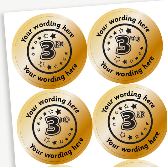Sheet of 35 personalised 37mm circular stickers with a metallic bronze finish; each sticker features a bold '3rd' in the centre, surrounded by the customisable text 'Your wording here' above and below, designed to reward pupils for achieving third place.

