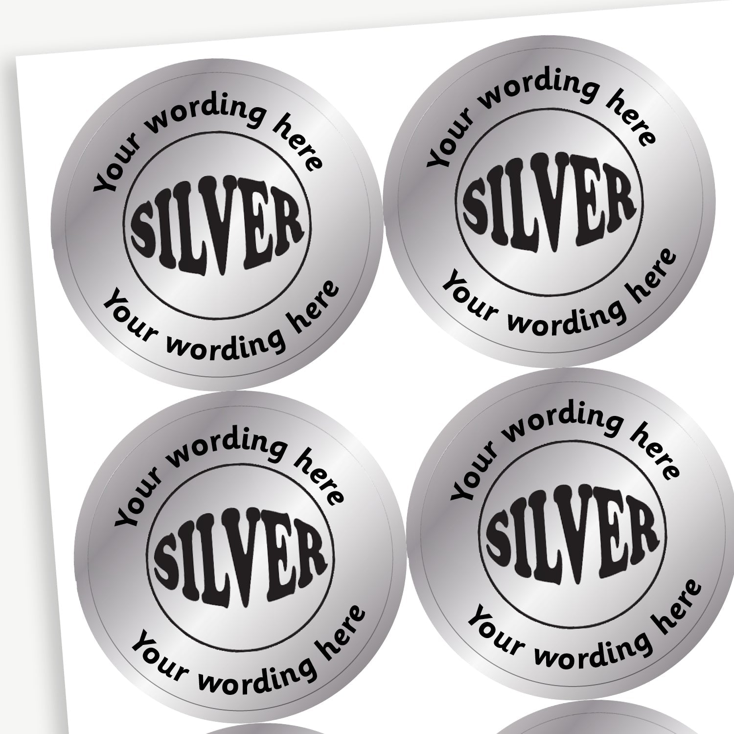 Sheet of 35 personalised 37mm circular stickers with a metallic silver finish; each sticker features a bold 'SILVER' in the centre, surrounded by the customisable text 'Your wording here' above and below, designed to reward pupils for achieving second place.
