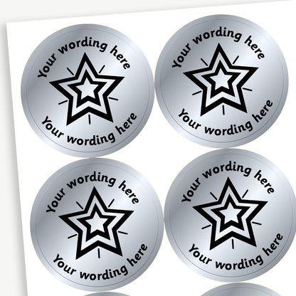 Sheet of 37mm round, metallic silver stickers, each featuring a bold black five-pointed star at the centre. Surrounding the star is placeholder text reading 'Your wording here' above and below, indicating customisable areas for personalised messages