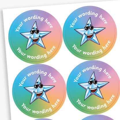 A sheet of pastel rainbow tones stickers featuring smiling silver star wearing sunglasses in the centre.  Placeholder text 'Your wording here' is above and below the image for customisation.