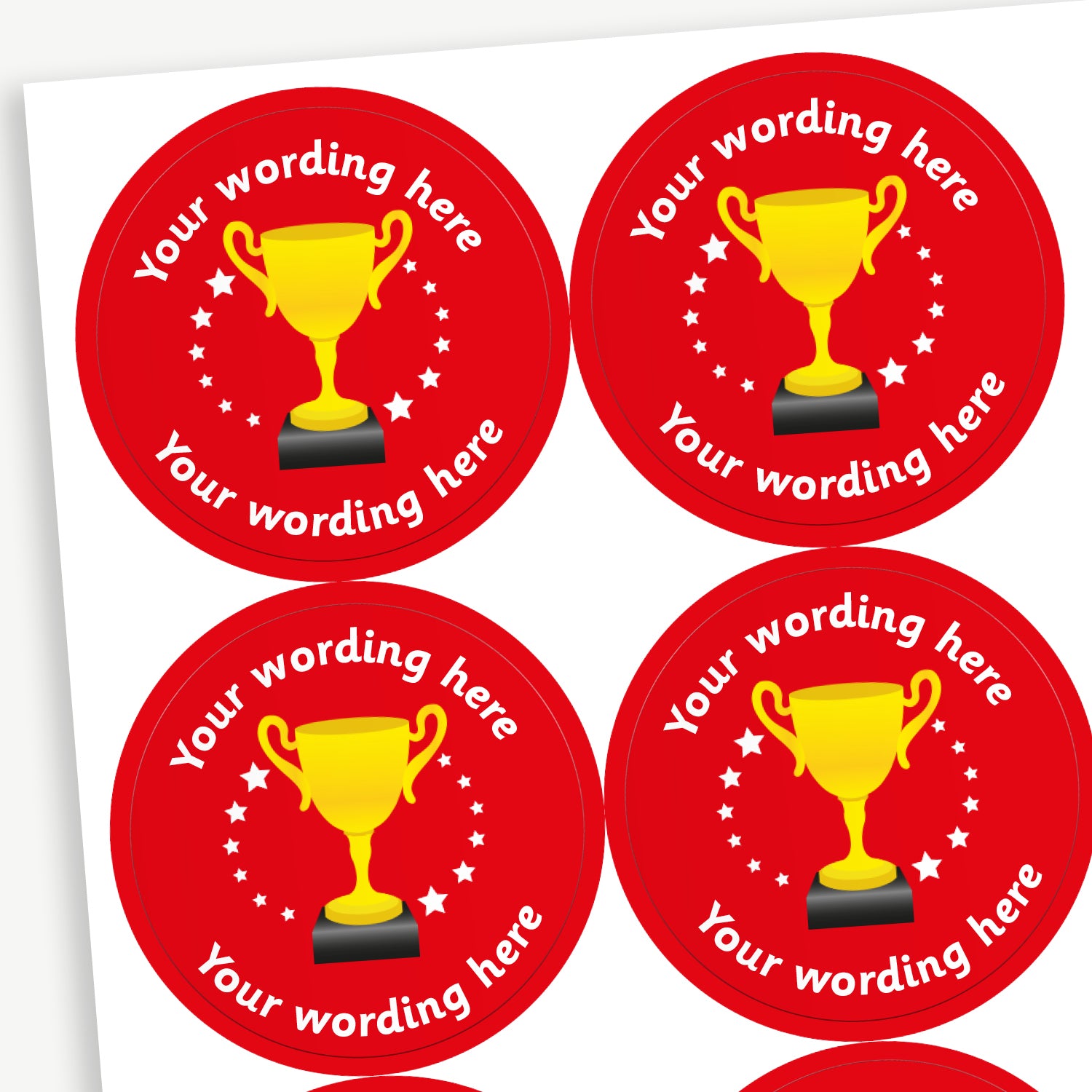Circular 37mm stickers, red in colour and each featuring a golden trophy icon at the centre, surrounded by white stars, with customisable text above and below the trophy - choice of colours
