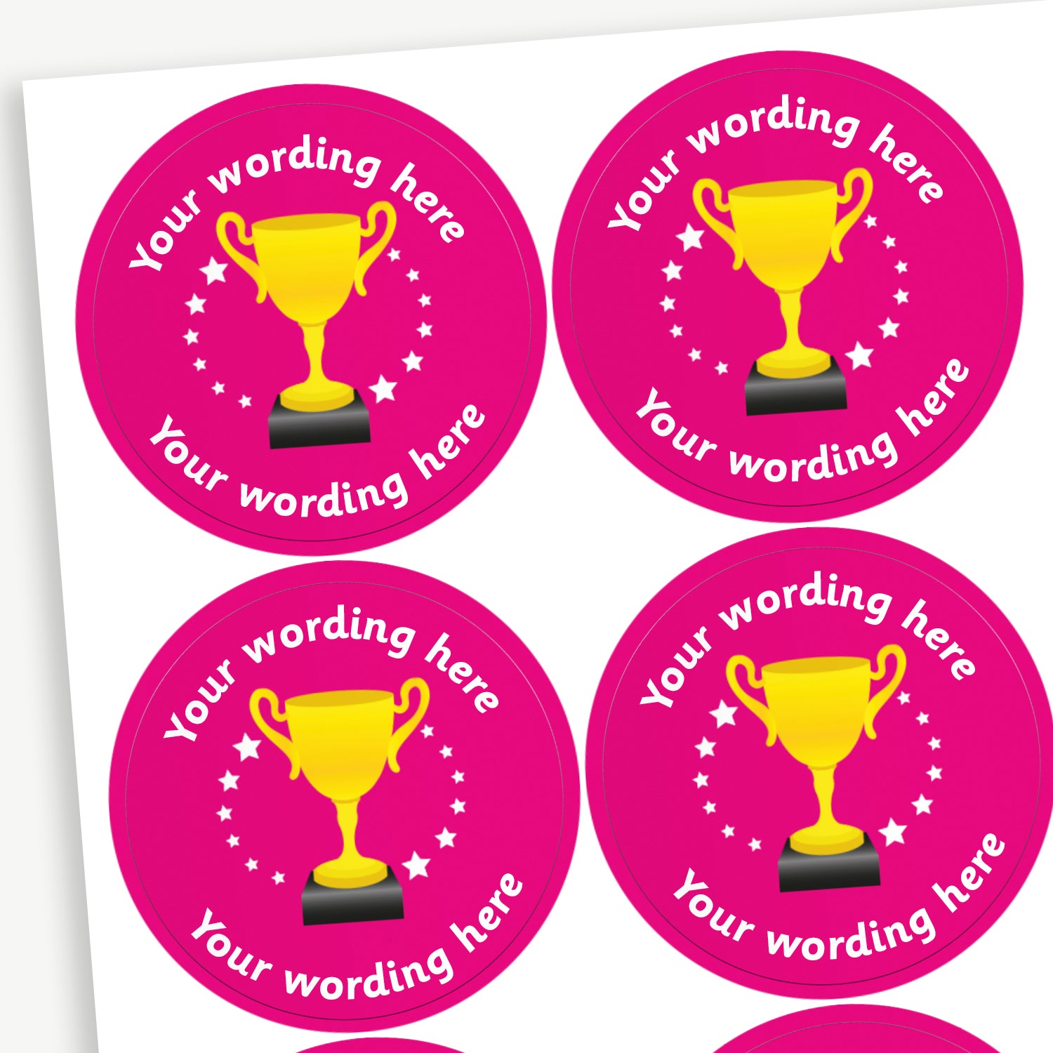 Circular 37mm stickers, magenta in colour and each featuring a golden trophy icon at the centre, surrounded by white stars, with customisable text above and below the trophy - choice of colours

