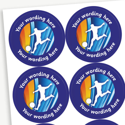 Sheet of round deep blue stickers featuring a silhouette of a footballer in the centre. Each sticker has placeholder text reading 'Your wording here' curved above and below the illustration. 