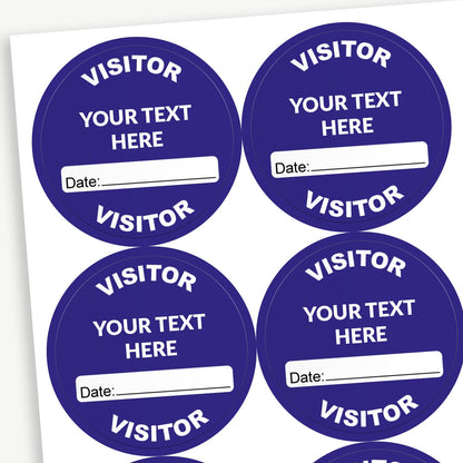 A sheet of blue stickers with 'VISITOR' arcing at the top and bottom.  Central placeholder text 'Your text here' allows for customisation.  Below this is a white box for the date to be input.