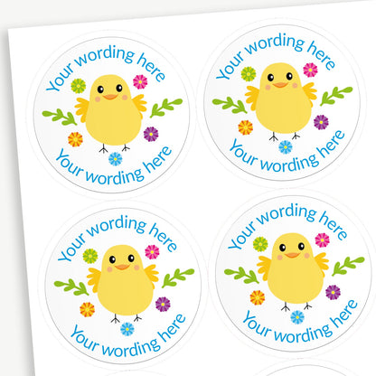 Sheet of round personalised stickers featuring a yellow chick and flowers on a white background; includes customisable blue text above and below the image for customisation.