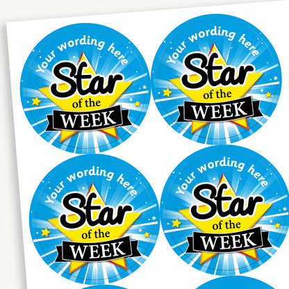 A sheet of blue stickers with a yellow star and the text 'Star of the Week' in bold. Above the star, there is space for custom wording. The background features light rays and small stars, creating a celebratory design.