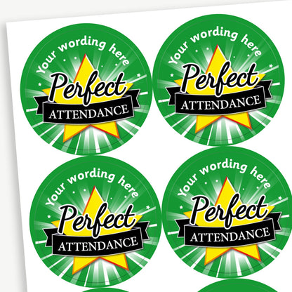 A sheet of circular reward stickers celebrating 'Perfect Attendance'. Each sticker features the text 'Perfect Attendance' overlaying a gold star against a starburst effect background. Placeholder text above the image 'Your wording here' shows customisation options.
