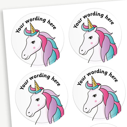 A sheet of customisable circular stickers featuring a white background with a central image of a unicorn.  Placeholder text 'Your Wording Here' arcs above the image for personalisation.