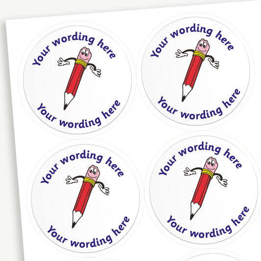 Sheet of white, circular stickers.  There is a smiling pencil illustration with it's hands out as a central image.  Placeholder text above and below 'Your wording here' indicate customisation options.