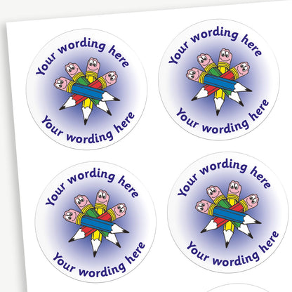 Sheet of white circular stickers with a pale blue centre.  There is an illustration of four overlapping pencils as a central image.  Placeholder text above and below 'Your wording here' indicate customisation options.
