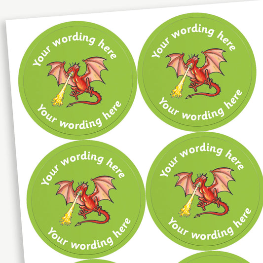 Sheet of round personalised stickers featuring a fire breathing red dragon on a green background; includes customisable white text above and below the image for customisation.