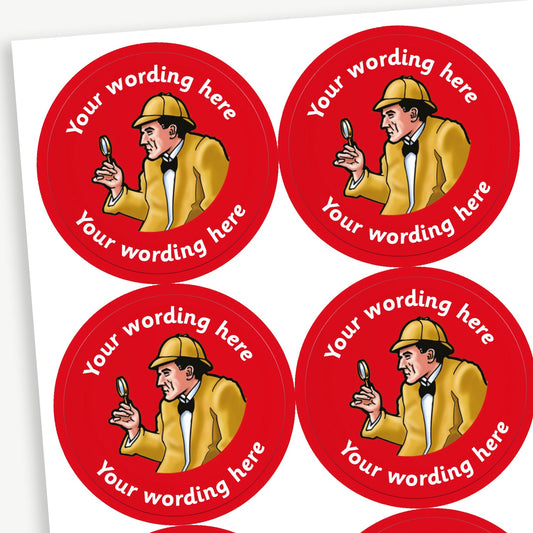 Sheet of round personalised stickers featuring a 'Sherlock Holmes' style detective on a red background; includes customisable white text above and below the image for customisation.