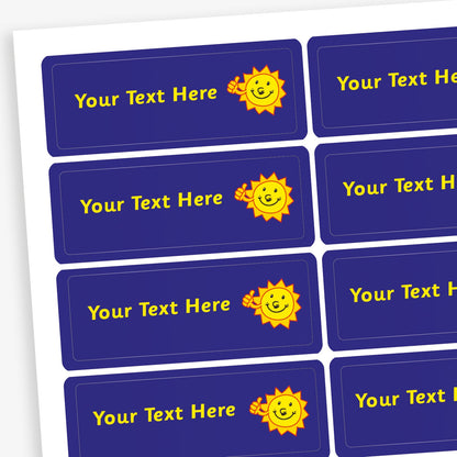 Sheet of rectangular dark blue stickers with yellow placeholder text reading 'Your Text Here'. Each sticker features a small illustration yellow smiling sun with a thumb up.