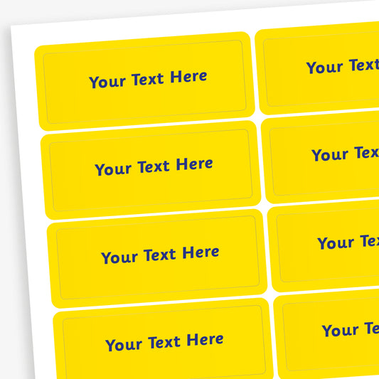 Sheet of rectangular yellow stickers with blue placeholder text reading 'Your Text Here'. 